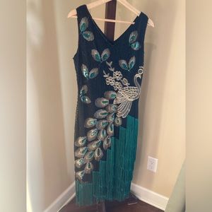 1920s flapper style dress with peacock details.